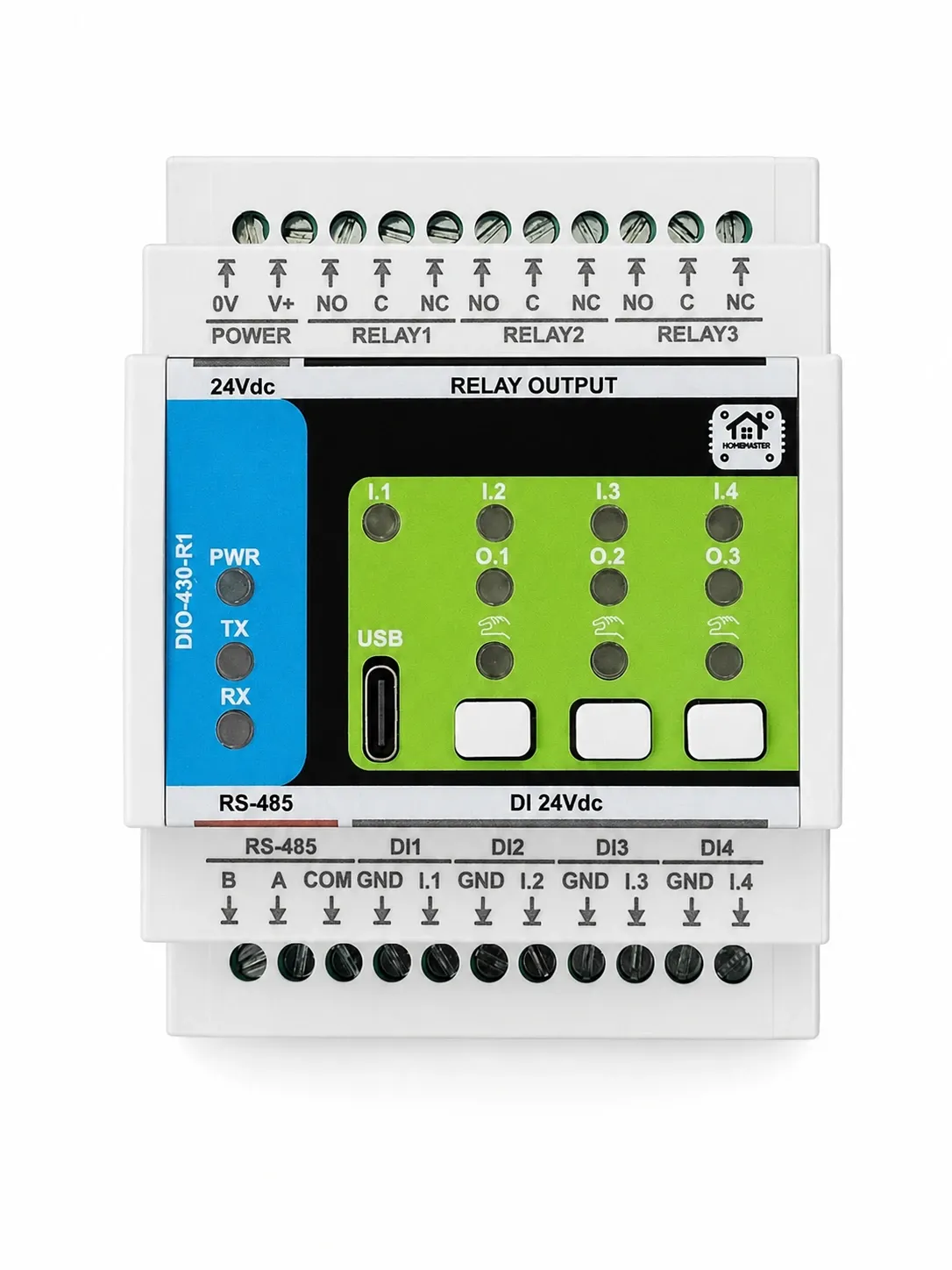 DIN-Rail Relay Module for Home Assistant — DIO-430-R1, Modbus RTU, 3 Relays + 4 Inputs