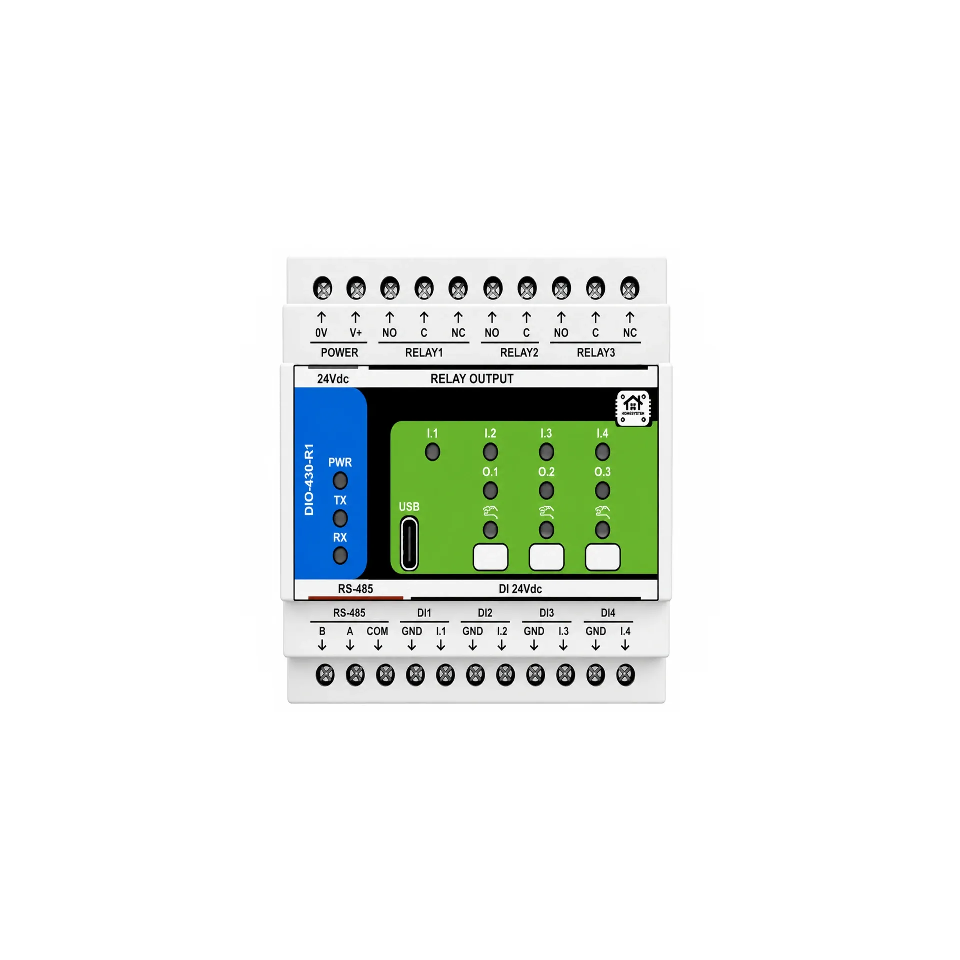[HM-DIO-430-R1] HomeMaster DIO-430-R1 — Modbus Relay Module, 3x16A, 4 Digital Inputs