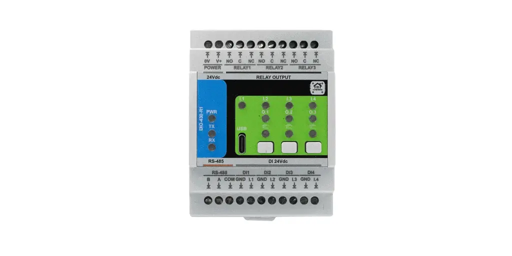HomeMaster DIO-430-R1 — Modbus Relay Module, 3x16A, 4 Digital Inputs
