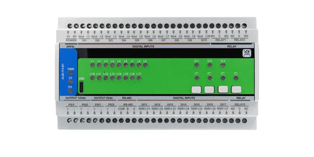 HomeMaster ALM-173-R1 — 17-Zone Modbus Alarm Module, DIN-Rail