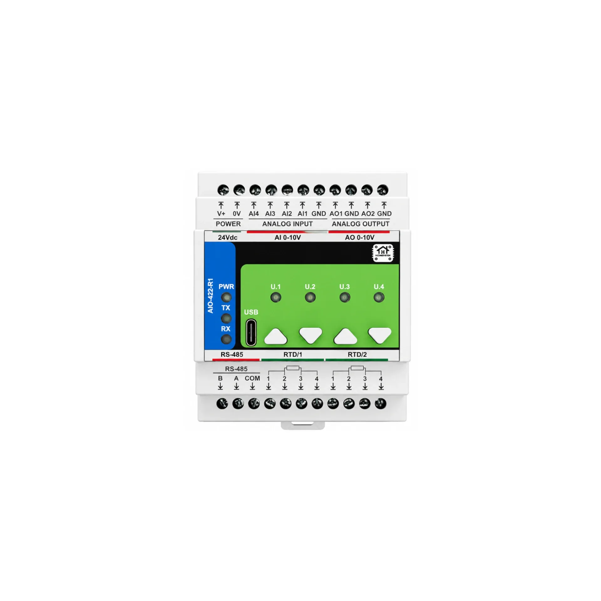HomeMaster AIO-422-R1 — Analog I/O & RTD Module, 4 Inputs, Modbus