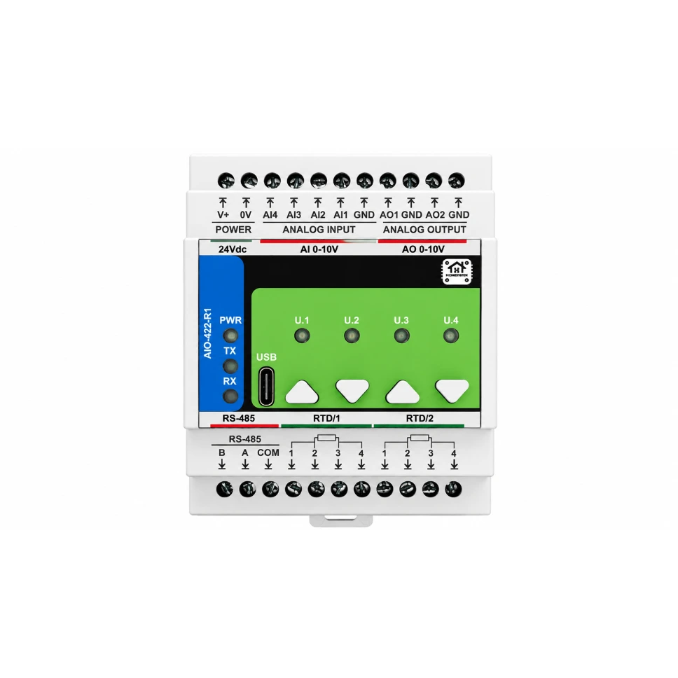 [HM-AIO-422-R1] HomeMaster AIO-422-R1 — Analog I/O & RTD Module, 4 Inputs, Modbus