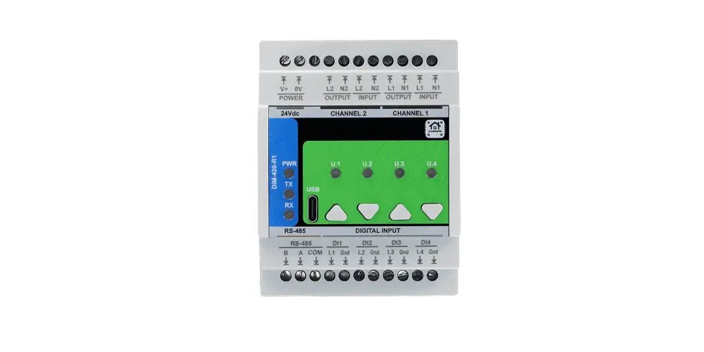 HomeMaster DIM-420-R1 — Modbus AC Dimmer, 2-Channel MOSFET
